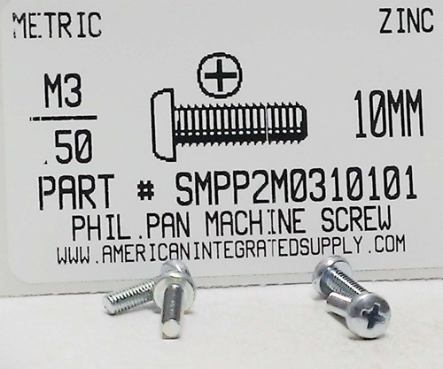 M3-.50X10mm PAN HEAD PHILLIPS MACHINE SCREW STEEL ZINC D7985