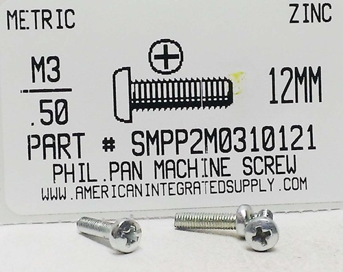 M3-.50X12mm PAN HEAD PHILLIPS MACHINE SCREW STEEL ZINC D7985