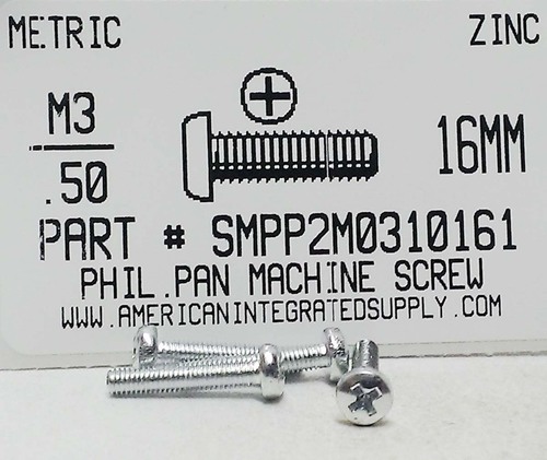 M3-.50X16mm PAN HEAD PHILLIPS MACHINE SCREW STEEL ZINC D7985