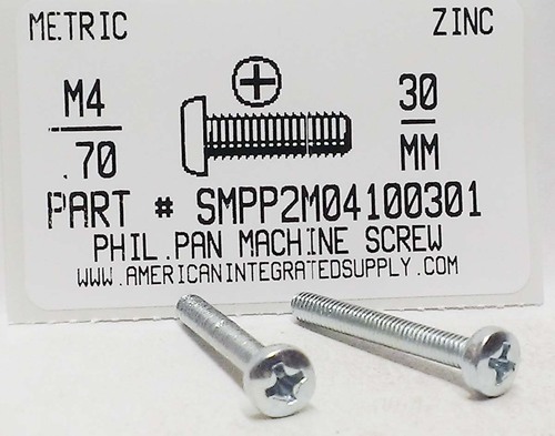 M4-.70X30mm PAN HEAD PHILLIPS MACHINE SCREW STEEL ZINC D7985