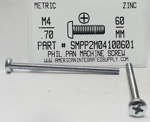 M4-.70X60mm PAN HEAD PHILLIPS MACHINE SCREW STEEL ZINC D7985