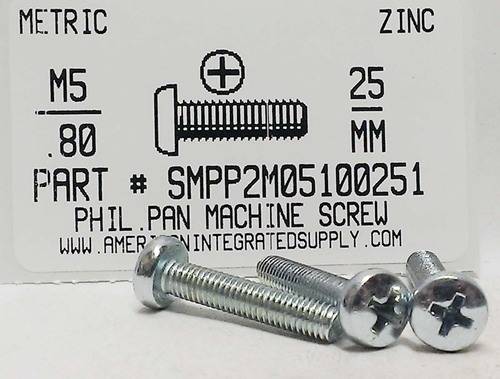 M5-.80X25mm PAN HEAD PHILLIPS MACHINE SCREW STEEL ZINC D7985