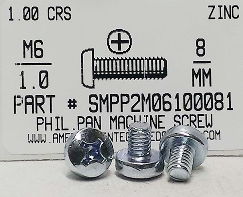 M6-1.00X8mm PAN HEAD PHILLIPS MACHINE SCREW STEEL ZINC D7985