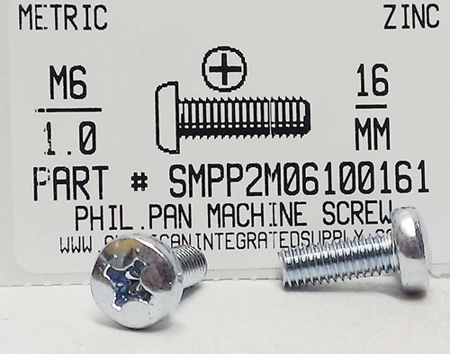 M6-1.00X16mm PAN HEAD PHILLIPS MACHINE SCREW STEEL ZINC D7985