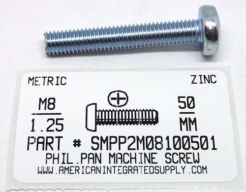 M8-1.25X50mm PAN HEAD PHILLIPS MACHINE SCREW STEEL ZINC D7985