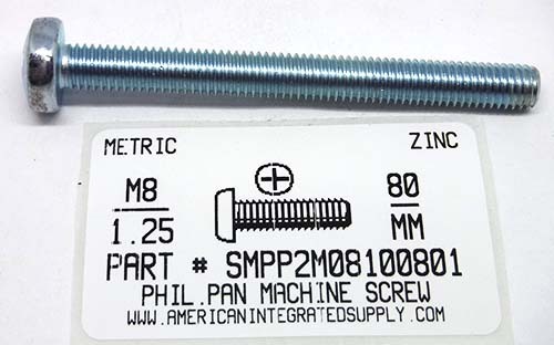 M8-1.25X80mm PAN HEAD PHILLIPS MACHINE SCREW STEEL ZINC D7985