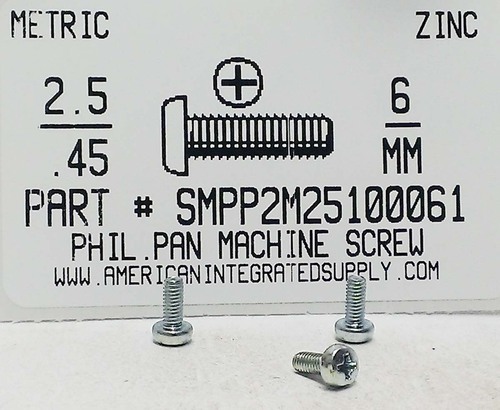 M2.5-.45X6mm PAN HEAD PHILLIPS MACHINE SCREW STEEL ZINC D7985