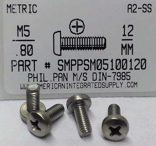 M5-.80X12MM PAN HEAD PHILLIPS MACHINE SCREW A2 STAINLESS STEEL D7985