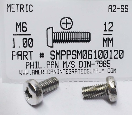 M6-1.00X12mm PAN HEAD PHILLIPS MACHINE SCREW A2 STAINLESS STEEL D7985