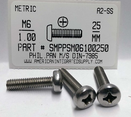 M6-1.00X25mm PAN HEAD PHILLIPS MACHINE SCREW A2 STAINLESS STEEL D7985