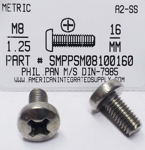 M8-1.25X16mm PAN HEAD PHILLIPS MACHINE SCREW A2 STAINLESS STEEL D7985