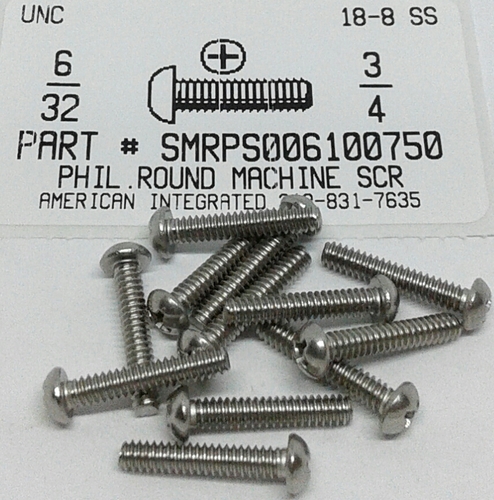 #6-32X3/4 ROUND HEAD PHILLIPS MACHINE SCREW 18-8 STAINLESS STEEL