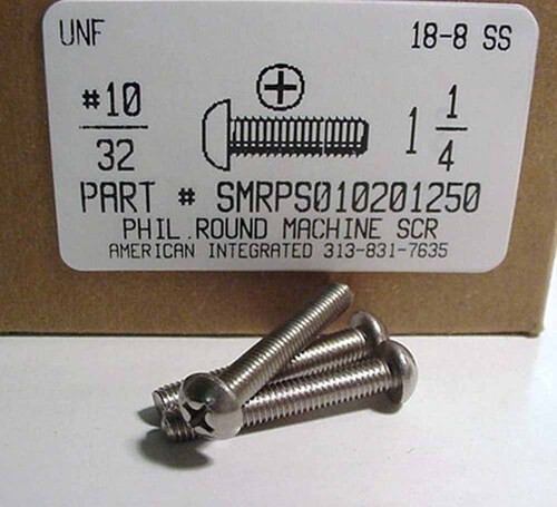 #10-32X1-1/4 ROUND HEAD PHILLIPS MACHINE SCREW 18-8 STAINLESS STEEL