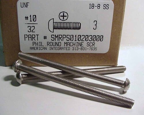 #10-32X3 ROUND HEAD PHILLIPS MACHINE SCREW 18-8 STAINLESS STEEL