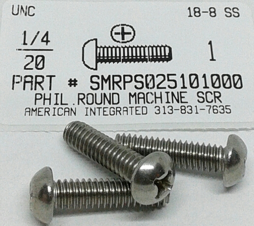 1/4-20X1 ROUND HEAD PHILLIPS MACHINE SCREW 18-8 STAINLESS STEEL