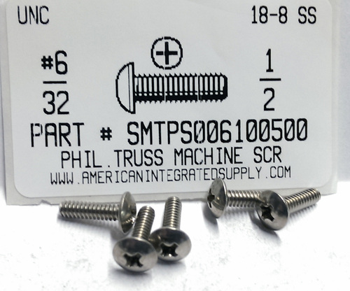 #6-32X1/2 TRUSS HEAD PHILLIPS MACHINE SCREW 18-8 STAINLESS STEEL