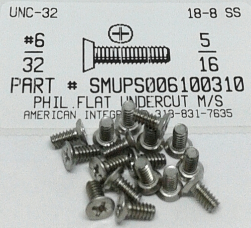 #6-32X5/16 UNDERCUT FLAT HEAD PHILLIPS MACHINE SCREW 18-8 STAINLESS STEEL