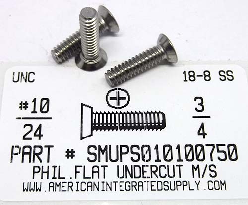 #10-24X3/4 UNDERCUT FLAT HEAD PHILLIPS MACHINE SCREW 18-8 STAINLESS STEEL