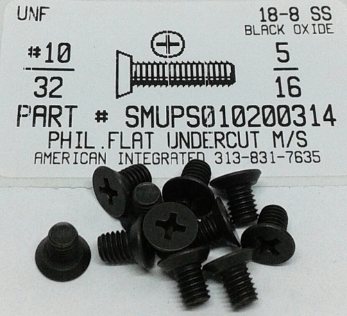 #10-32X5/16 UNDERCUT FLAT HEAD PHILLIPS MACHINE SCREW 18-8 STAINLESS STEEL BLACK OXIDE