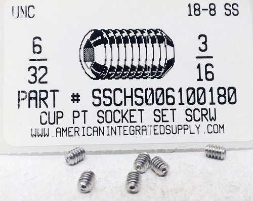 #6-32X3/16 SOCKET SET SCREW CUP POINT 18-8 STAINLESS STEEL