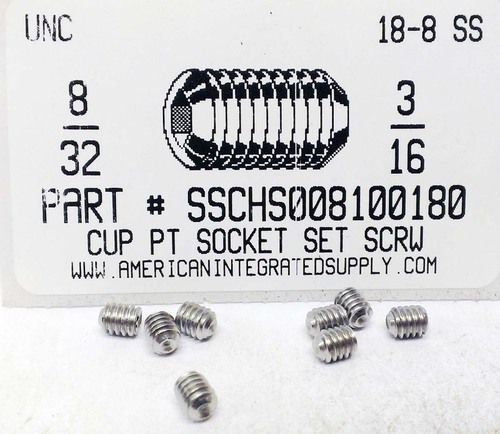 #8-32X3/16 SOCKET SET SCREW CUP POINT 18-8 STAINLESS STEEL