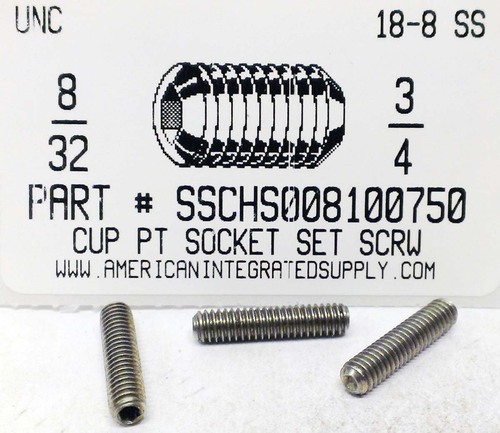 #8-32X3/4 SOCKET SET SCREW CUP POINT 18-8 STAINLESS STEEL