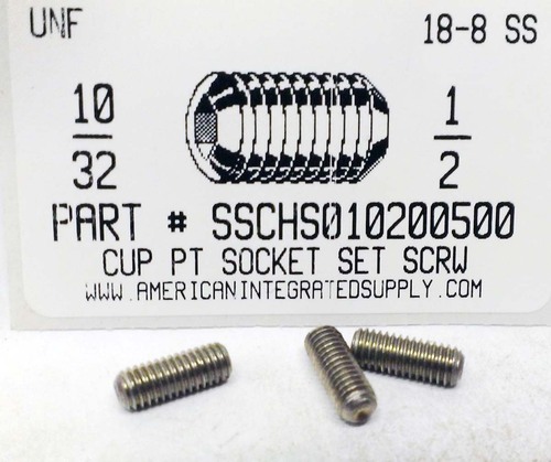 #10-32X1/2 SOCKET SET SCREW CUP POINT 18-8 STAINLESS STEEL