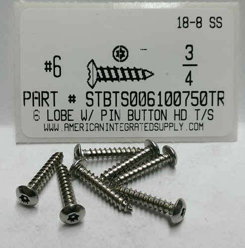 #6X3/4 BUTTON HEAD PIN-IN-6 LOBE T10 DRIVE TAPPING SCREW 18-8 STAINLESS STEEL