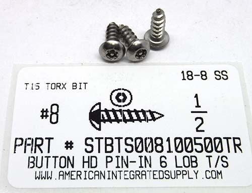 #8X1/2 BUTTON HEAD PIN-IN-6 LOBE T15 DRIVE TAPPING SCREW 18-8 STAINLESS STEEL