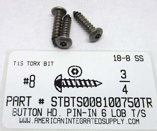 #8X3/4 BUTTON HEAD PIN-IN-6 LOBE T15 DRIVE TAPPING SCREW 18-8 STAINLESS STEEL