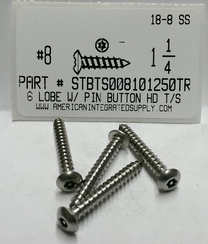 #8X1-1/4 BUTTON HEAD PIN-IN-6 LOBE T15 DRIVE TAPPING SCREW 18-8 STAINLESS STEEL