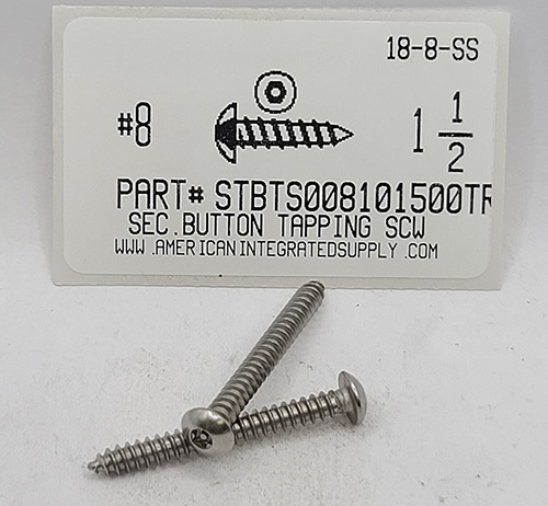 #8X1-1/2 BUTTON HEAD PIN-IN-6 LOBE T15 DRIVE TAPPING SCREW 18-8 STAINLESS STEEL