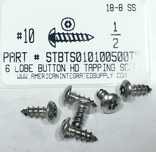 #10X1/2 BUTTON HEAD PIN-IN-6 LOBE T25 DRIVE TAPPING SCREW 18-8 STAINLESS STEEL