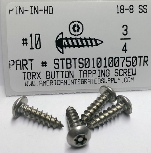 #10X3/4 BUTTON HEAD PIN-IN-6 LOBE T25 DRIVE TAPPING SCREW A 18-8 STAINLESS STEEL