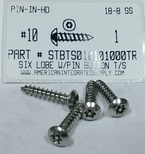 #10X1 BUTTON HEAD PIN-IN-6 LOBE T25 DRIVE TAPPING SCREW 18-8 STAINLESS STEEL