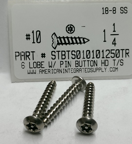 #10X1-1/4 BUTTON HEAD PIN-IN-6 LOBE T25 DRIVE TAPPING SCREW 18-8 STAINLESS STEEL