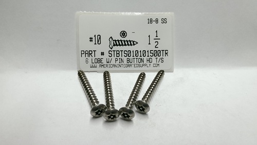 #10X1-1/2 BUTTON HEAD PIN-IN-6 LOBE T25 DRIVE TAPPING SCREW 18-8 STAINLESS STEEL