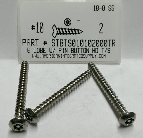 #10X2 BUTTON HEAD PIN-IN-6 LOBE T25 DRIVE TAPPING SCREW 18-8 STAINLESS STEEL