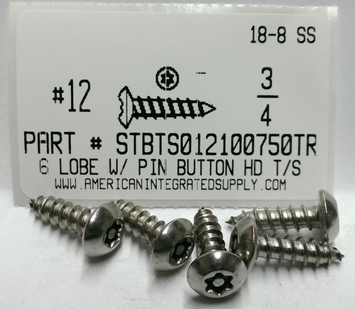 #12X3/4 BUTTON HEAD PIN-IN-6 LOBE T27 DRIVE TAPPING SCREW A 18-8 STAINLESS STEEL