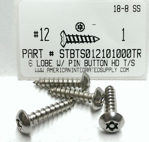 #12X1 BUTTON HEAD PIN-IN-6 LOBE T25 DRIVE TAPPING SCREW A 18-8 STAINLESS STEEL