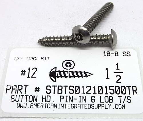 #12X1-1/2 BUTTON HEAD PIN-IN-6 LOBE T25 DRIVE TAPPING SCREW A 18-8 STAINLESS STEEL