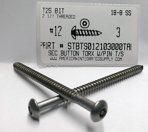 #12X3 BUTTON HEAD PIN-IN-6 LOBE T25 DRIVE TAPPING SCREW 18-8 STAINLESS STEEL