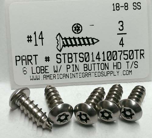 #14X3/4 BUTTON HEAD PIN-IN-6 LOBE T27 DRIVE TAPPING SCREW A 18-8 STAINLESS STEEL