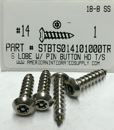 #14X1 BUTTON HEAD PIN-IN-6 LOBE T27 DRIVE TAPPING SCREW A 18-8 STAINLESS STEEL