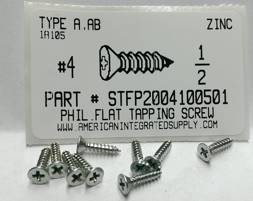 #4X1/2 FLAT HEAD PHILLIPS TAPPING SCREW A,AB STEEL ZINC PLATED