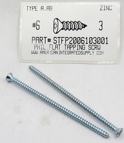 #6X3 FLAT HEAD PHILLIPS TAPPING SCREW A STEEL ZINC PLATED