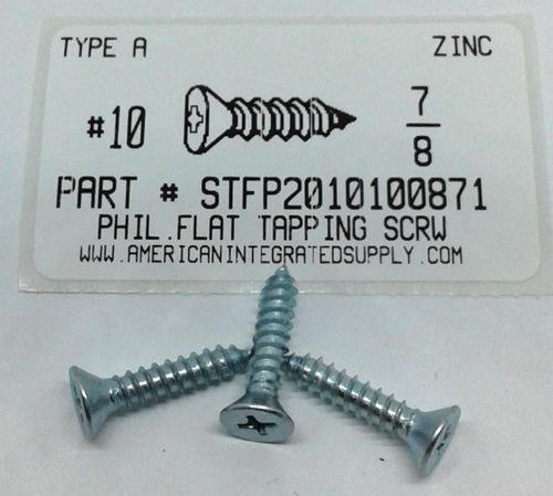 #10X7/8 FLAT HEAD PHILLIPS TAPPING SCREW A,AB STEEL ZINC PLATED