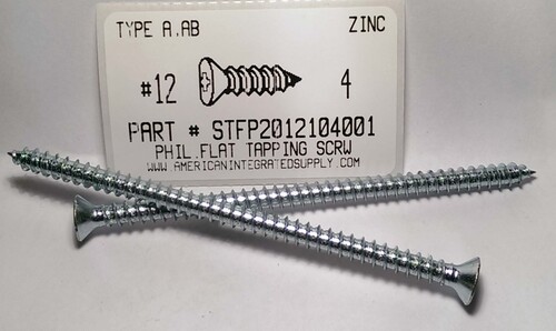 #12X4 FLAT HEAD PHILLIPS TAPPING SCREW A STEEL ZINC PLATED