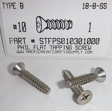 #10X1 FLAT HEAD PHILLIPS TAPPING SCREW TYPE B 18-8 STAINLESS STEEL