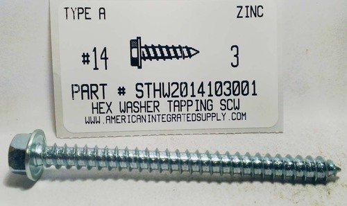 #14X3 HEX WASHER HEAD TAPPING SCREW A STEEL ZINC PLATED